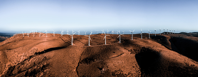 A panoramic shot of the wind turbine farm in Nevada, USA