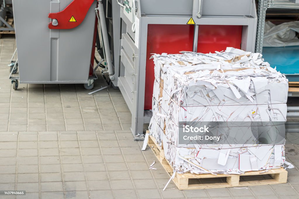 Paper and cardboard being compacted. Bales for recycling Bale Stock Photo