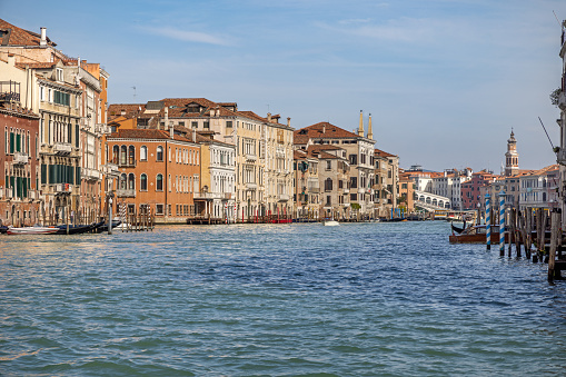 Venice, Italy - October 8th 2022:  View down Grand Canal to the many old Italian palaces in the center of the old and famous Italian city Venice