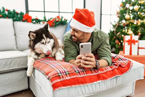 istock Young hispanic man using smartphone lying on sofa with dog by christmas tree at home 1437943830