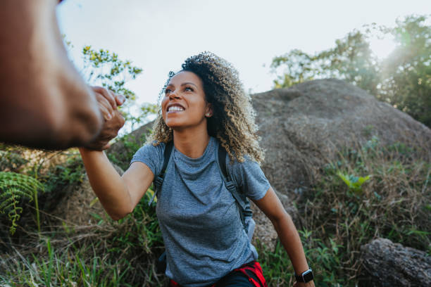 istock Backpacker couple on mountain trail 1437945982