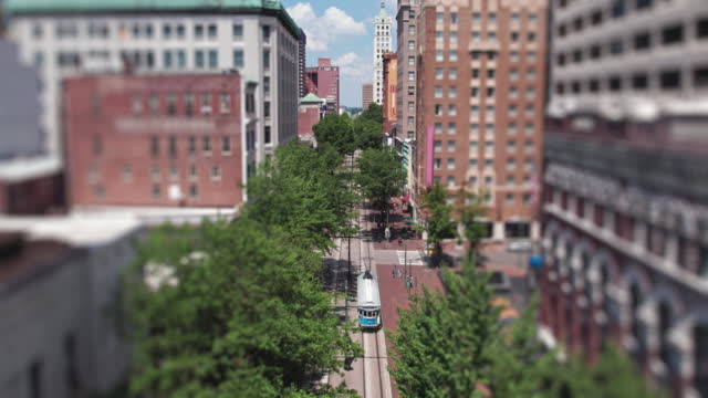 Tilt Shift Shift View of Trolley Car in Downtown Memphis, TN