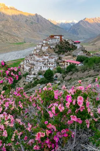 A vertical shot of the Kee Gompa (Kee Monastery) in Spiti Valley, India