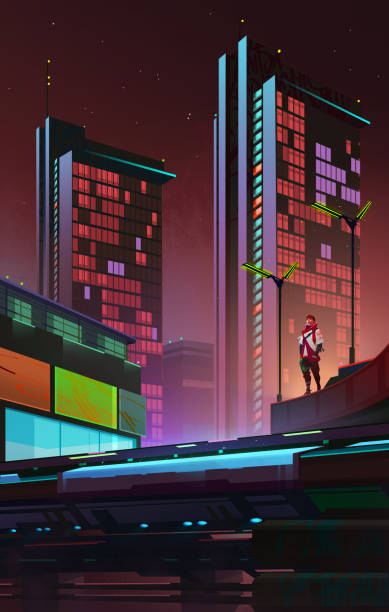 istock drawn bright night city in cyberpunk style. Urban landscape. 1437947141