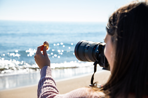 Beautiful woman taking a picture of a sea shell holding it with her hand close back shot at the beach