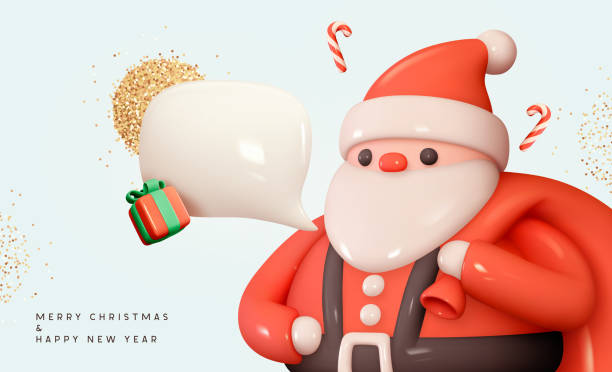 크리스마스 산타 클로스 대화 거품 명확한 텍스트. 현실적인 3d 만화 캐릭터. 인사말 카드, 휴일 배너, 축하 포스터. 프로모션 전단지, 브로셔 표지. 벡터 그림 - christmas bubble stock illustrations