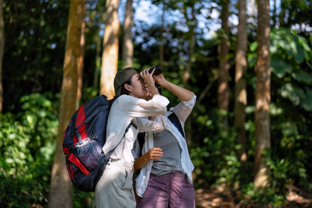 istock Backpack tourist travel outdoor adventure bird study using binoculars looking and record to book 1437948990
