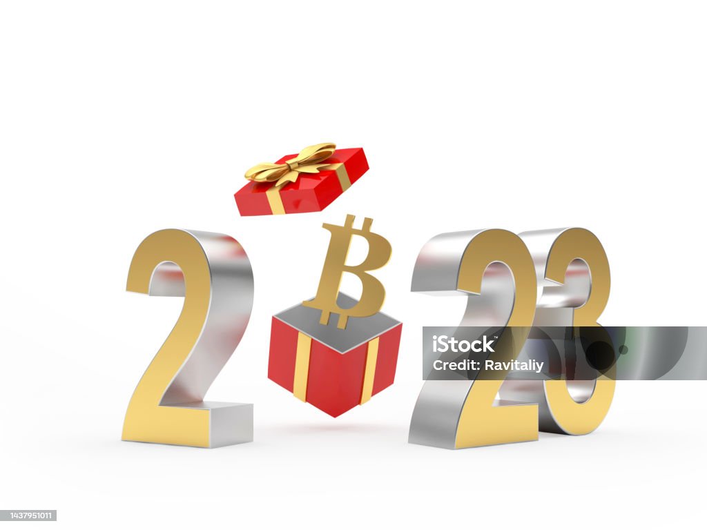 Bitcoin sign flies out of a gift box with the number 2023. Bitcoin sign flies out of a gift box with the number 2023. 3D illustration Bitcoin Stock Photo