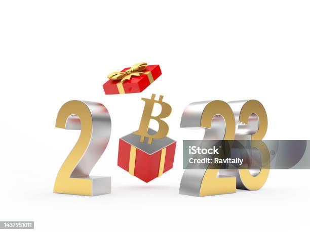 Bitcoin Sign Flies Out Of A Gift Box With The Number 2023 Stock Photo - Download Image Now