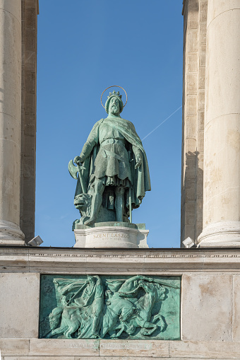 Budapest, Hungary - Oct 22, 2019: Ladislaus I of Hungary Statue in the Millennium Monument at Heroes Square - sculpture by György Zala c.1906 - Budapest, Hungary
