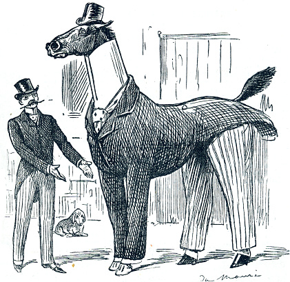 Punch illustration showing pet ownership - Horse wearing formal suit.