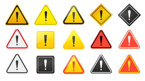 ilustrações, clipart, desenhos animados e ícones de sinais de cautela. ícones de perigo e aviso definidos no triângulo amarelo. símbolos vetoriais - alarm