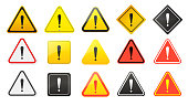 Caution signs. Danger and warning icons set in yellow triangle. Vector symbols