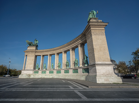 Budapest, Hungary - Oct 22, 2019: Right Colonnade of the Millennium Monument at Heroes Square - Budapest, Hungary