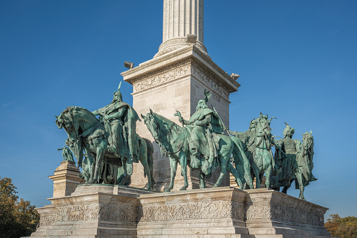 Budapest, Hungary - Oct 22, 2019: Seven chieftains of the Magyars Sculptures (Arpad, Tas, Huba and Tohotom or Teteny) at Millennium Monument at Heroes Square - Budapest, Hungary