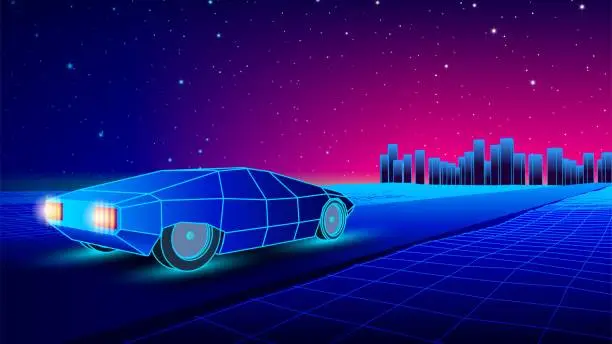 Vector illustration of Neon car in 80s synthwave style racing to the city. Retrowave auto illustration with shiny neon car on the grid landscape road in 90s arcade game style
