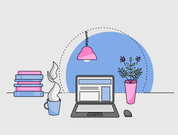 Vector illustration of working desk with laptop.