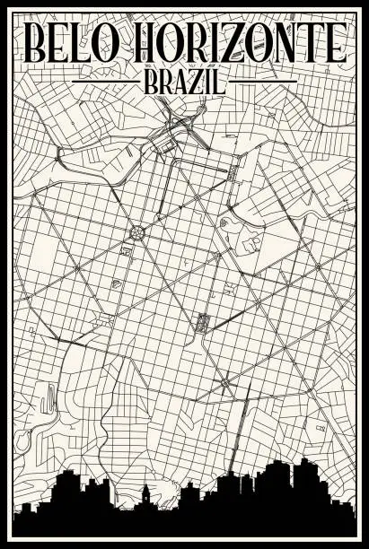 Vector illustration of Hand-drawn downtown streets network printout map of BELO HORIZONTE, BRAZIL