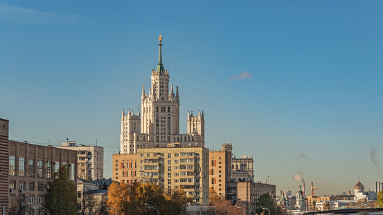 City landscape with high-rise building on Kotelnicheskaya Embankment. Moscow, Russia.