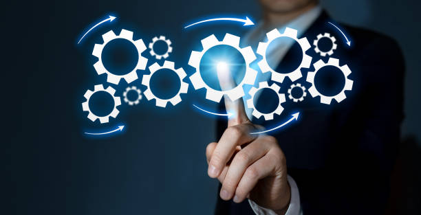istock Path to success with gears and business process automation with flowchart.Workflow and planning growth strategy. 1437959695