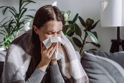 Close up of sick woman sitting on sofa freezing blowing running nose got fever caught cold sneezing in tissue, ill brunette girl covered with blanket, having influenza symptoms coughing at home