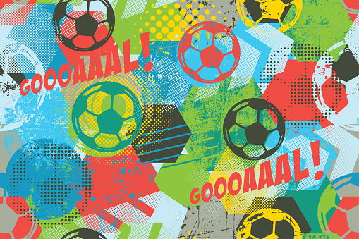 Seamless pattern abstract vector illustration with grunge and halftone elements. Soccer ball sports background with the word GOAL! Flat design (no gradients, or transparencies used).