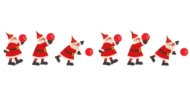 Vector illustration of Santa Claus play bowling seamless border pattern