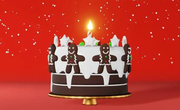 Christmas cake gingerbread man candle snow 3d rendering red background. Xmas party advertisement. New Year greeting card. Festive winter holidays banner. Sweet dessert cookie topping decorations stars