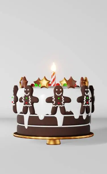 Christmas cake gingerbread man candle glaze 3d rendering white background. Xmas party advertisement. New Year greeting card. Festive winter holiday banner Sweet dessert cookie topping decoration stars