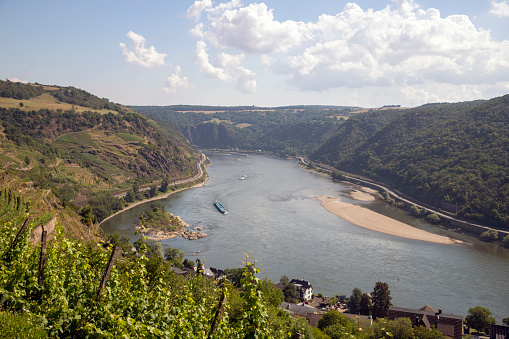 Aerial view to Bacharach town and hills of Rheinland-Pfalz land with river Rhine from tourist route