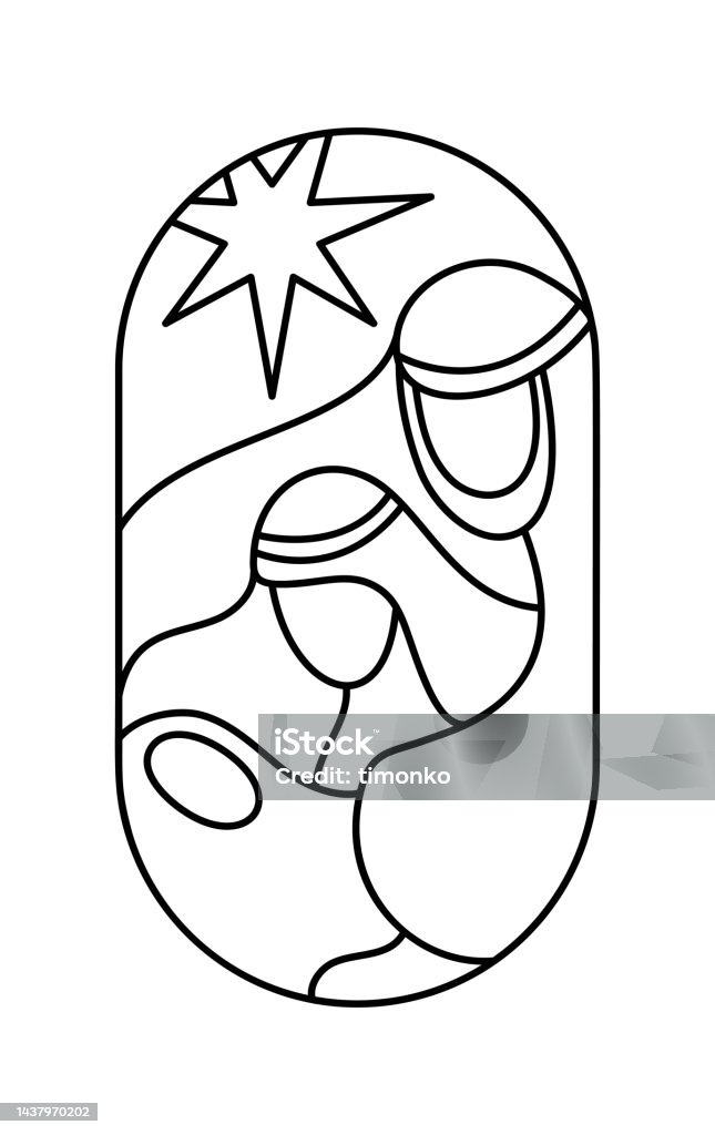 Vector Christmas Christian religious Nativity Scene of baby Jesus with Mary and Joseph. Logo icon illustration sketch. Doodle hand drawn with black lines - 免版稅水槽圖庫向量圖形