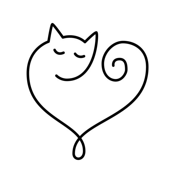 handgezeichnetes weihnachtsliebe-monoline-herz-logo-schild mit katze. vektor romantische illustration symbol hochzeit. kalligraphie design flaches element des valentinstags. für grußkarte - symmetry happiness symbol wedding stock-grafiken, -clipart, -cartoons und -symbole