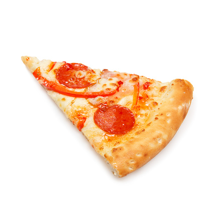 Slice of delicious classic italian pizza with Mozzarella, ham, pepperoni sausage and pepper isolated on white background. Side view.