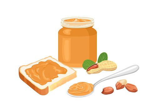 Peanut butter set. Toast bread with spread, peanut butter in glass jar,  spoon and nuts isolated on white background. Vector cartoon illustration.