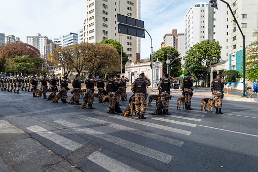 Belo Horizonte. Minas Gerais. Brasil. September 07, 2022. Group of military police soldiers with their dogs in the city of Belo Horizonte preparing for the commemorative parade of the Independence of Brazil.