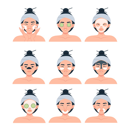 The concept of skin care. Vector set of Asian women's faces with moisturizing, cleansing, anti-aging face masks. Cosmetic masks, cleansing strips for the nose, eye patches
