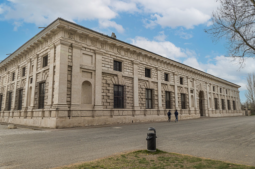 Mantua, Italy - 02-27-2022: The beautiful facade of the famous Palazzo Te in Mantua
