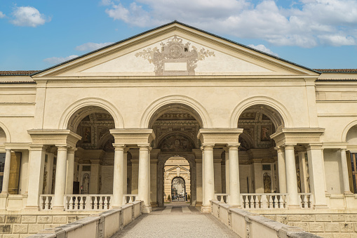 Mantua, Italy - 02-27-2022: The beautiful facade of the famous Palazzo Te in Mantua