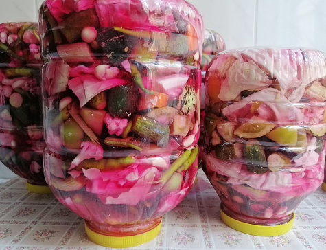 Assorted pickled vegetables in jar, Turkish name; tursu