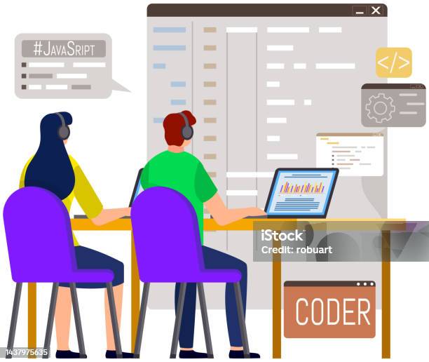 People Working With Laptop And Computer At Desk Software Developer ...