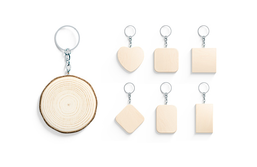 Blank wooden tag on chain mock up, different shapes, 3d rendering. Empty ligneous rectangle, round, square, heart sign for etching mockup, isolated, top view. Clear pendant or keychain template.