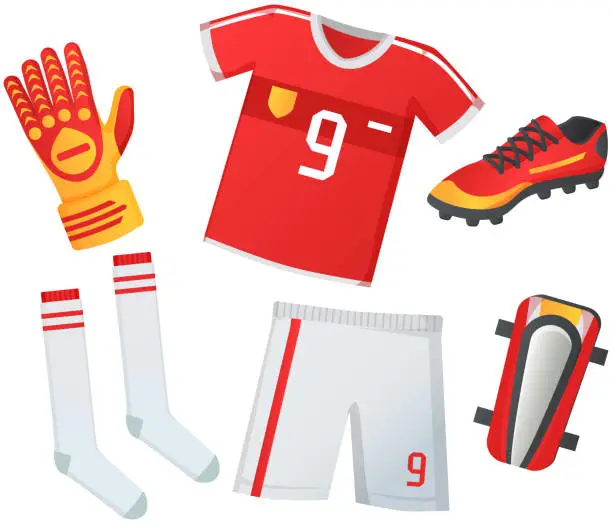 Vector illustration of Soccer uniform jersey and t-shirt, sport shoes cleats icons, shorts gloves and sports leggings