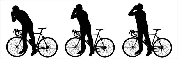 Vector illustration of The cyclist holds on to the handlebars of the bicycle with one hand, the other hand near the face, calls for help, shouts into the distance, and bends forward with the body. Side view, profile.