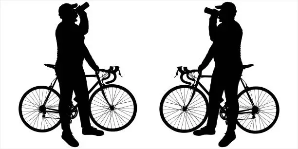 Vector illustration of A cyclist in a cap with a bicycle holds a bicycle with one hand, holds a bottle of drink with the other hand, and drinks from it. Two people are standing opposite each other. Side view, profile.