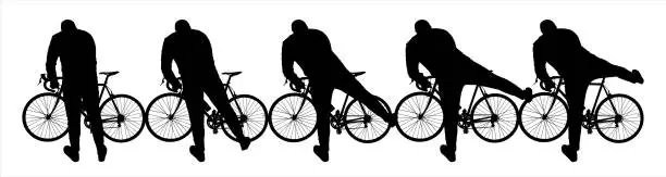 Vector illustration of The man stands with his back to the observer. A man holds his bike in his hands and throws his leg over the frame of the bike. Start your bike ride. Five black male silhouettes isolated on white