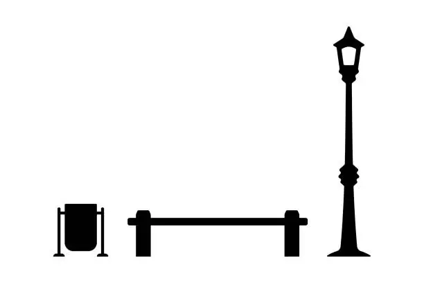Vector illustration of Street lamp, bench and urn icon. Black silhouette. Front side view. Vector simple flat graphic illustration. Isolated object on a white background. Isolate.