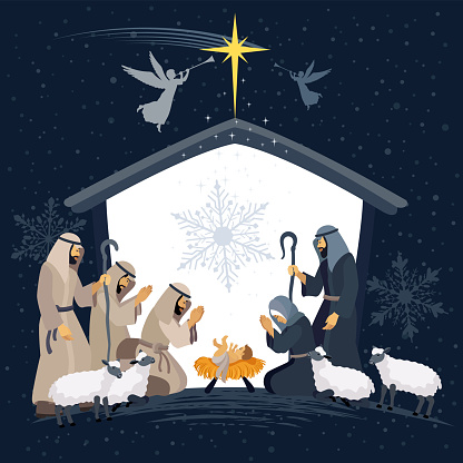 Birth of Christ. Nativity Card . Christmas scene and shepherds.