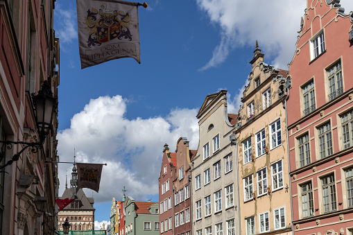 Gdansk, Poland - Sept 6, 2020: The facades of the restored Gdask patrician houses in the Long Market