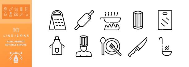 kitchen utensils set icon. cookbook, saucepan, ladle, cloche, whisk, oven mitt, apron, chef, plate, fork, knife, hood, cap, rolling pin. cooking concept. vector editable set icon on a white background - rolling fork 幅插畫檔、美工圖案、卡通及圖標
