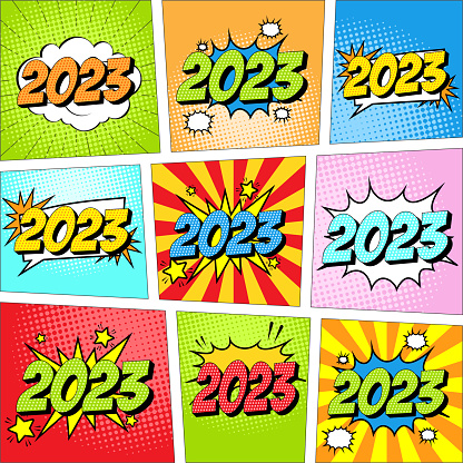 Colorful set of New Year 2023 comic icon in pop art style.